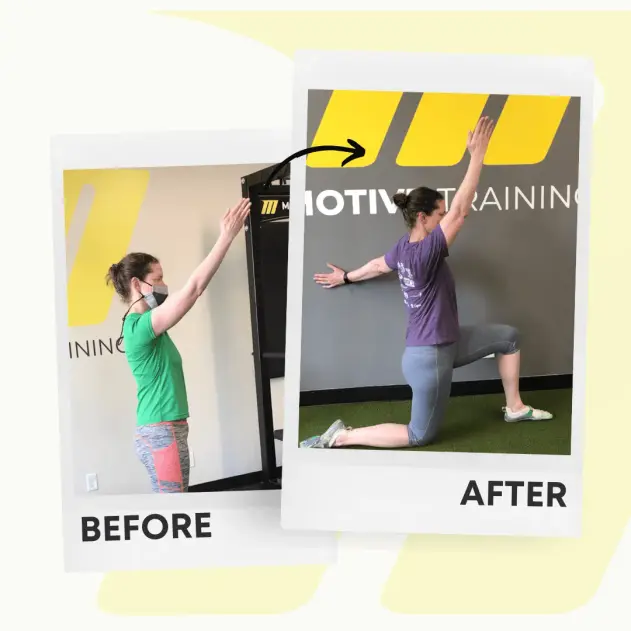 Kira's before and after showing increased range of motion and decreased pain at Motive Training